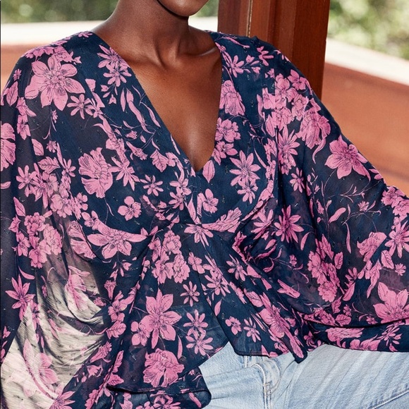 Midnight Blue Floral Print Long Sleeve Top - Picture 3 of 8